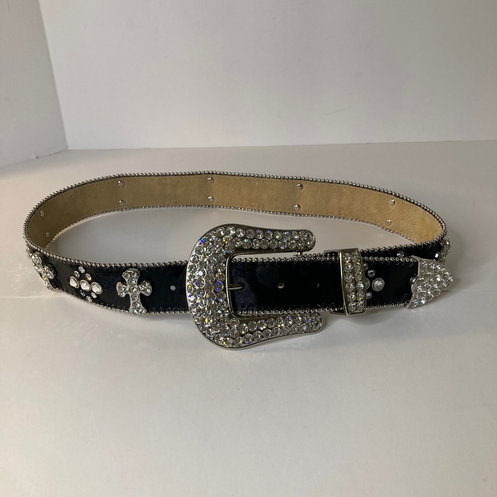 Vintage 1849 Authentic Ranchwear Rhinestone Cross Calfhair Belt 34-L Black 1.5"W - Picture 7 of 12